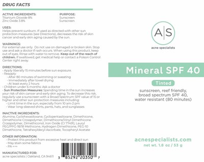 Package Label (Acne Specialists Mineral Spf 40 Tinted)